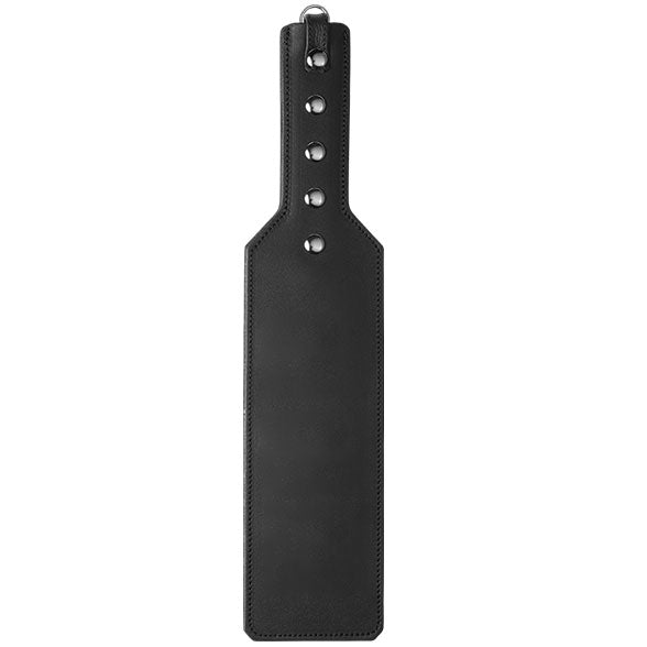 ElectraStim electro leather paddle for electro sex stimulation, black with silver accents.