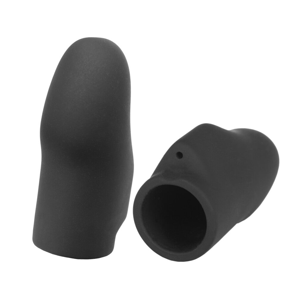 electrastim noir explorer electro finger sleeves, black rubber, for electro sex stimulation play.
