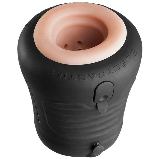 ElectraStim electrosex stroker with jack socket for e-stimulation, textured black material.