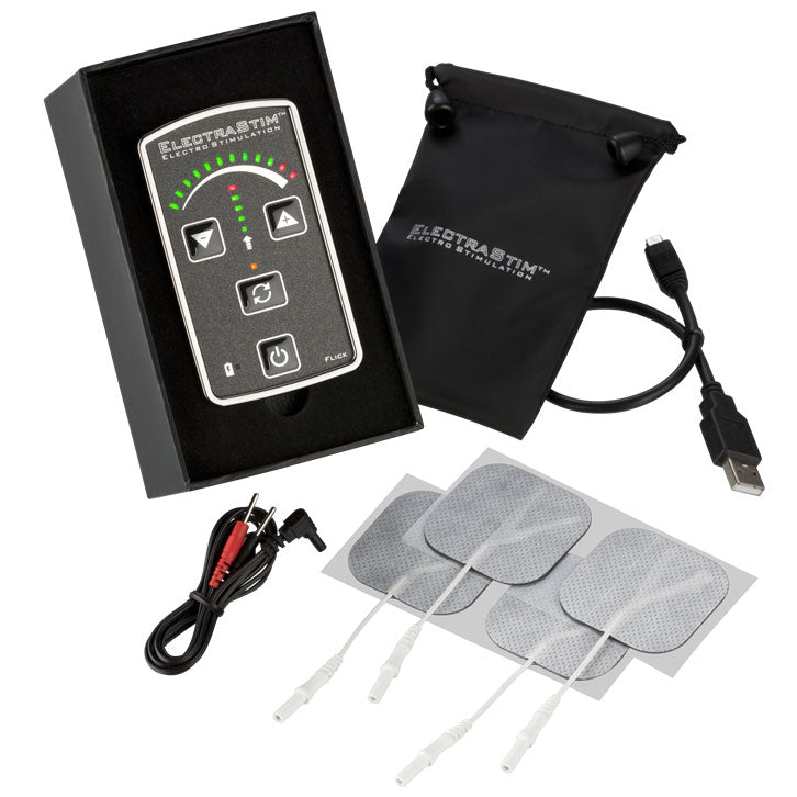 electrastim flick electro stimulation pack with controller and electrode pads for electro sex play