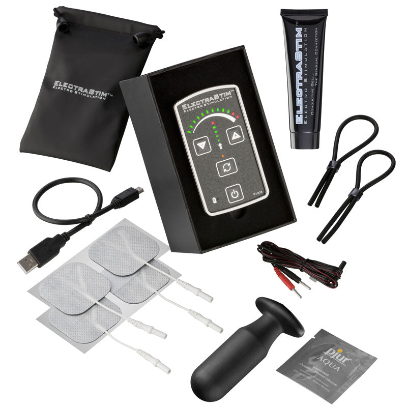 ElectraStim Flick electro sex stimulation multi pack, featuring various electrode attachments for sensual play.