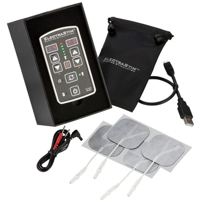 Electrastim flick duo electro sex stimulation kit, featuring two black conductive rubber stim pads.