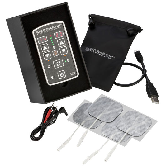 Electrastim flick duo electro sex stimulation kit, featuring two black conductive rubber stim pads.