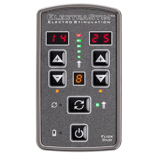 ElectraStim Flick Duo electro sex stimulation set with two units and connecting cables.