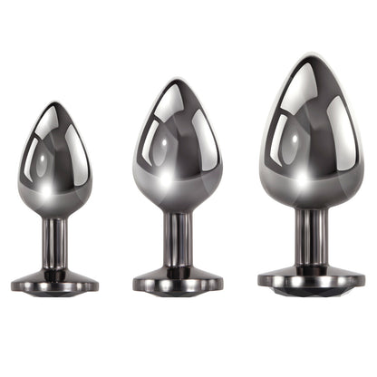 Evolved black gem anal plug set, graduated sizes with faceted jewelled ends for comfortable play.