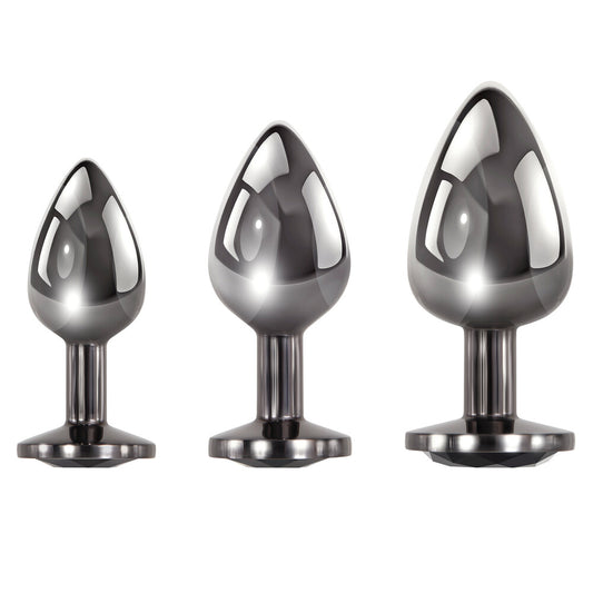 Evolved black gem anal plug set, graduated sizes with faceted jewelled ends for comfortable play.