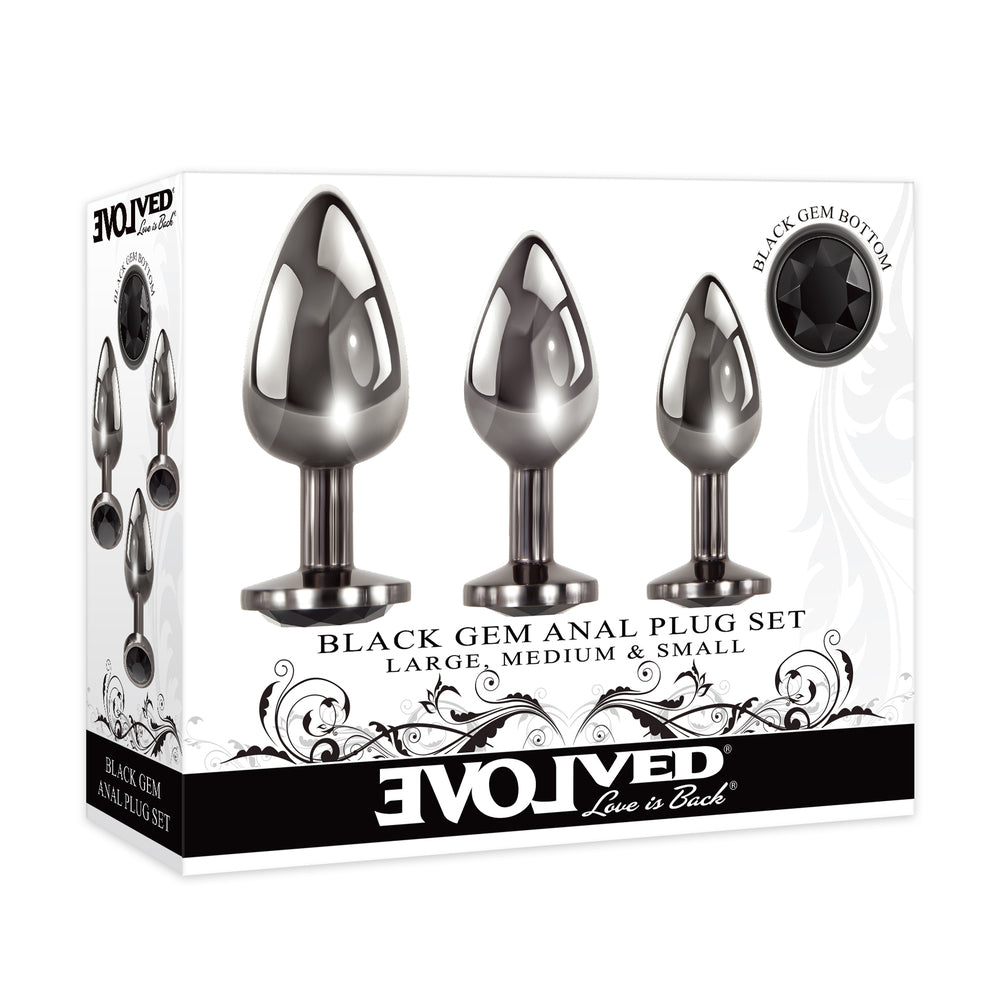Evolved sex toys black gem anal plug set with graduated sizes, a smooth finish.