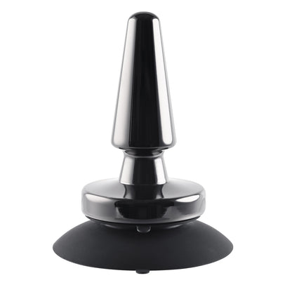 A shiny silver vibrating metal buttplug from evolved sex toys for beginners, closeup.