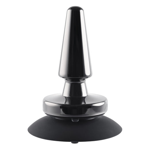 A shiny silver vibrating metal buttplug from evolved sex toys for beginners, closeup.