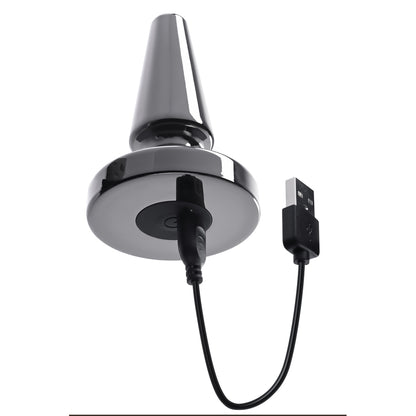 A beginner-friendly vibrating metal butt plug from evolved sex toys, shiny chrome finish.