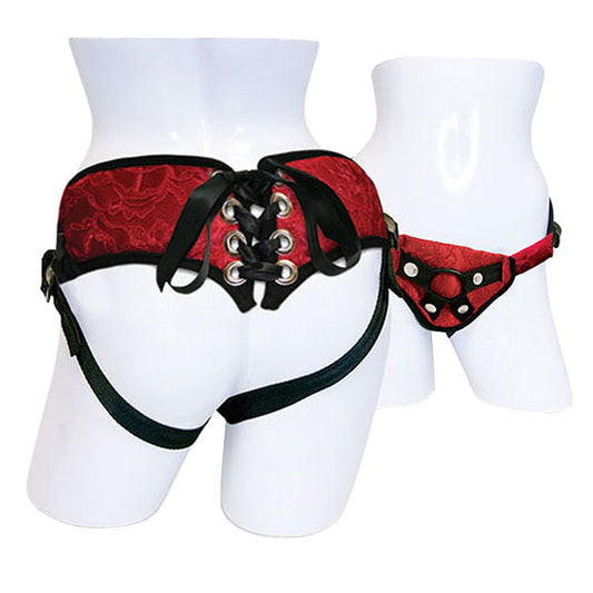 Sportsheets red lace strap-on dildo with satin corset-style strapping for frisky bedroom fun.