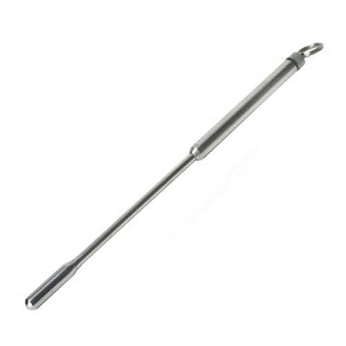 Stainless steel, 7.5 inch vibrating urethral sound from Kink Industries for cock and ball bondage.