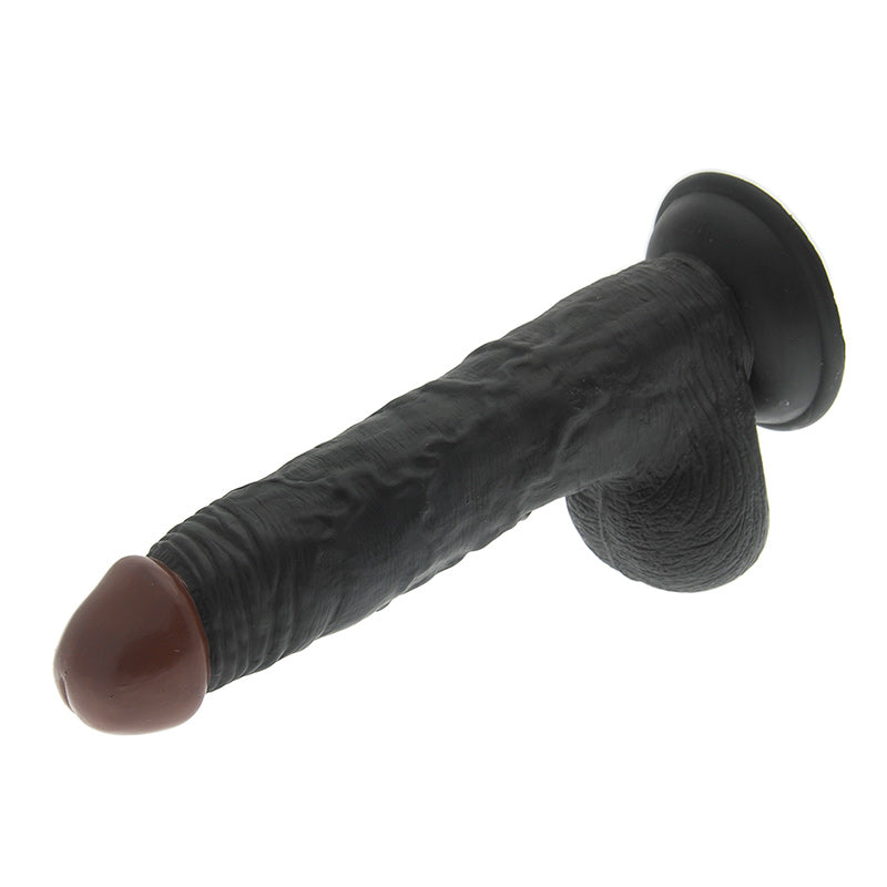 Realistic 8.5 inch black dildo with a textured shaft, made by nmc ltd.
