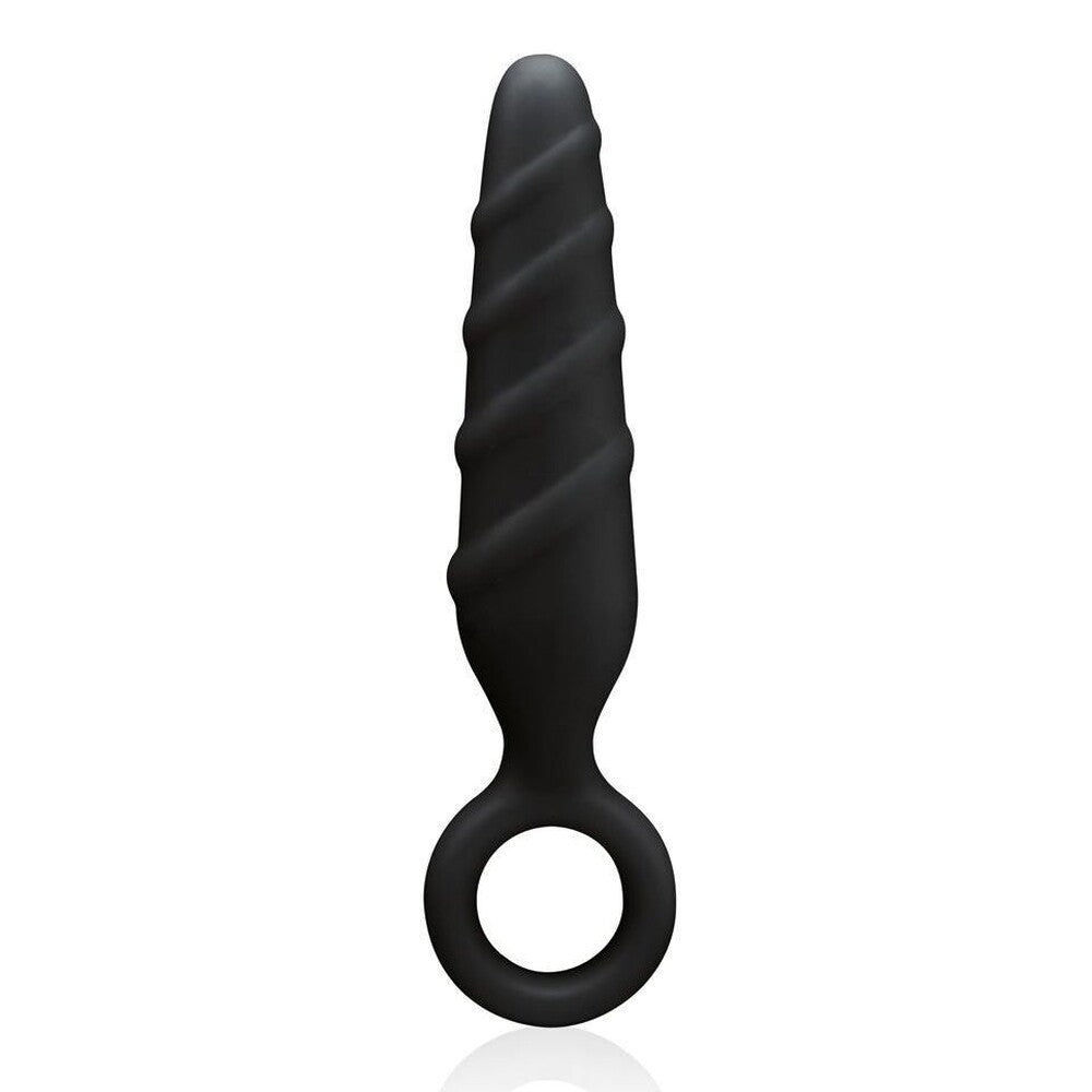 A black, four-inch silicone butt plug from nmc ltd, shaped like a horse's rear end.