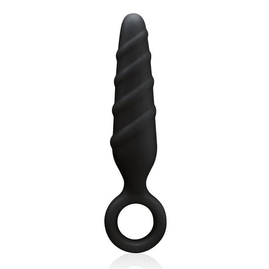A black, four-inch silicone butt plug from nmc ltd, shaped like a horse's rear end.