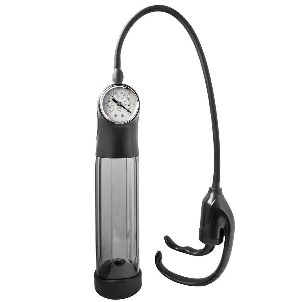 mojo momentum power grip penis pump, clear plastic cylinder with a black handle, for enhancement