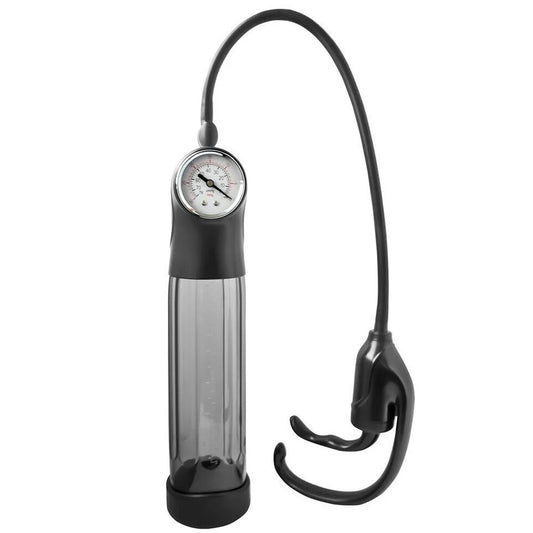 mojo momentum power grip penis pump, clear plastic cylinder with a black handle, for enhancement