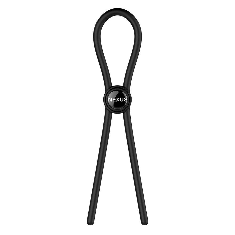 Adjustable silicone love ring by nexus, in a dark grey finish, close-up showing size adjusters.