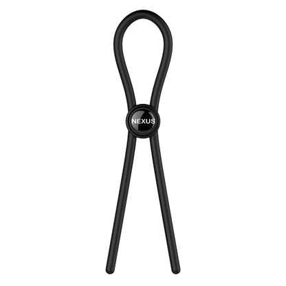 Adjustable silicone love ring by nexus, in a dark grey finish, close-up showing size adjusters.