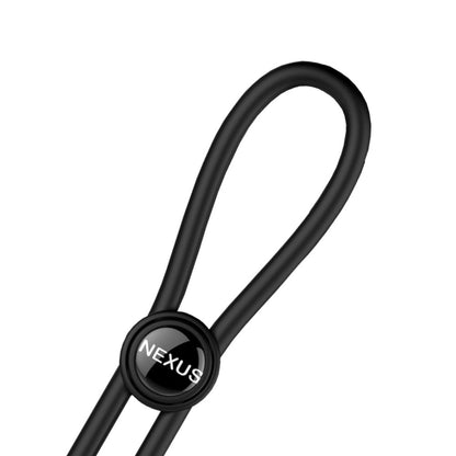 Adjustable black silicone cock and ball ring for enhanced pleasure, a love ring by Nexus.