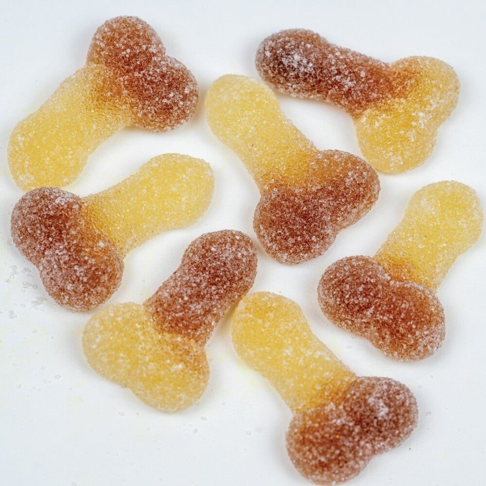 Sugar coated cola flavoured jelly sweets in the shape of willies, edible treats.