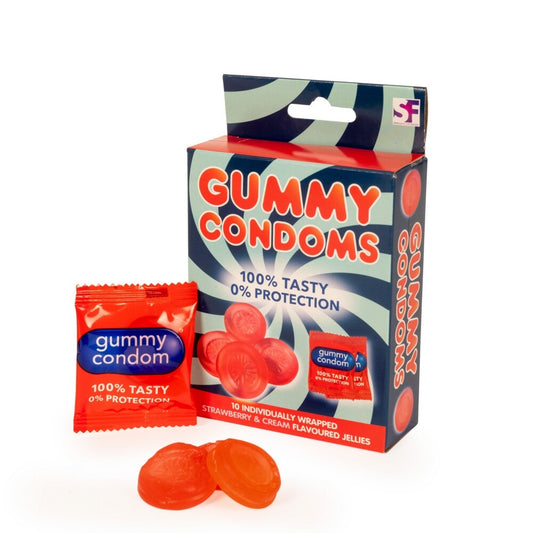 Ten gummy condoms by Spencer and Fleetwood, edible treat novelty sweets in a packet.