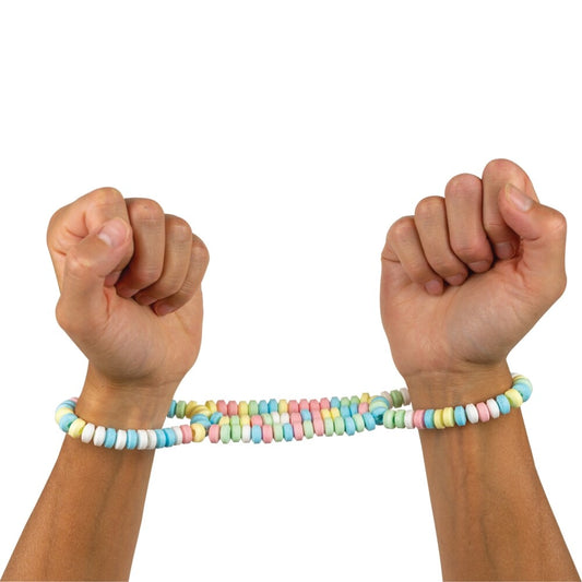 Close-up of edible candy handcuffs, multicoloured sugary treat from spencer and fleetwood. A fun sweet treat.