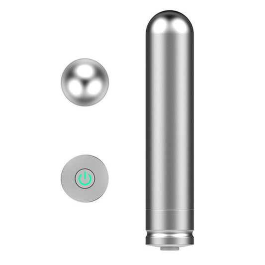 Close-up of a sleek, metallic silver mini vibrator; the 'nexus ferro power bullet' sex toy.