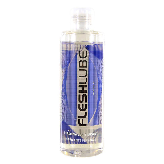 Fleshlight water-based lubricant in a clear bottle with a blue label, 250ml size.