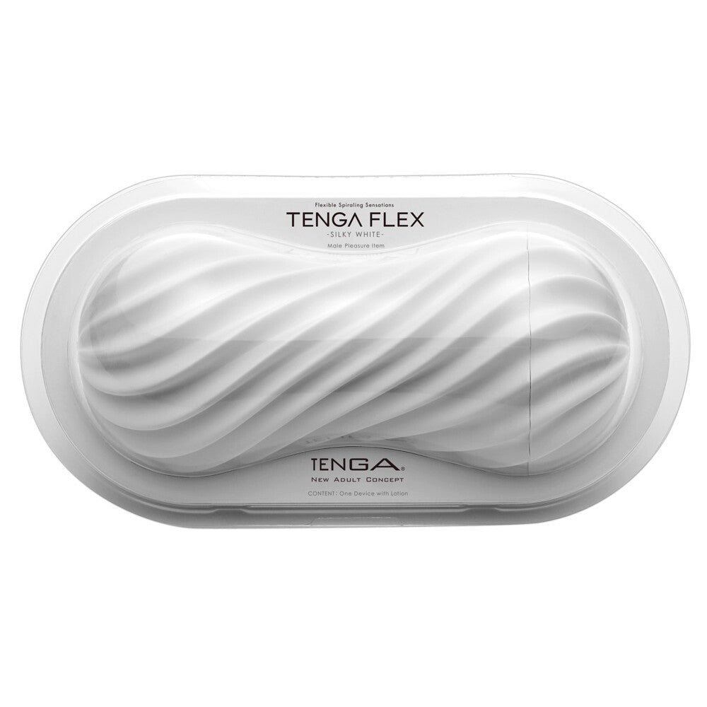 Tenga flex silky white masturbator with a soft, flexible design for intimate pleasure.