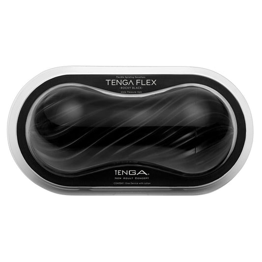 Tenga flex rocky black masturbator, showing the textured, flexible sleeve for tactile pleasure.
