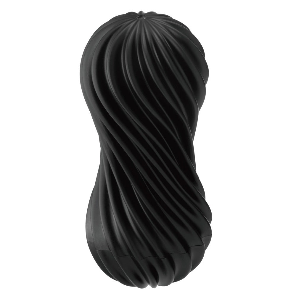 The tenga flex rocky black masturbator, textured for enhanced pleasure and reusable design.