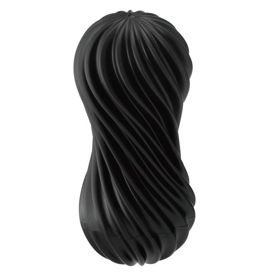 The tenga flex rocky black masturbator, textured for enhanced pleasure and reusable design.