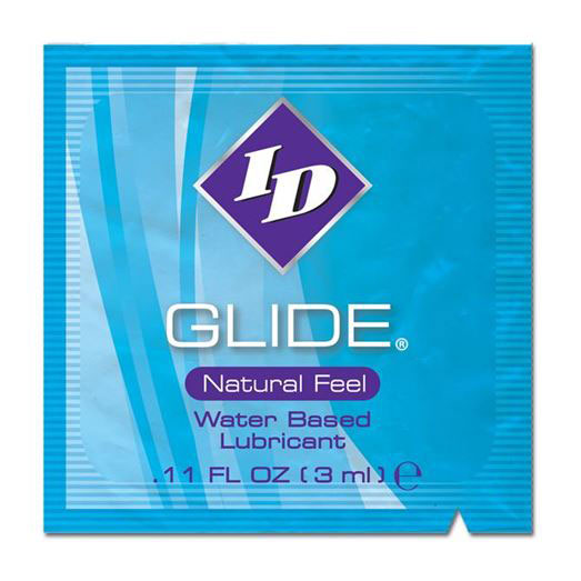 id glide lubricant 3ml single-use sachet in a shiny silver foil packet for discreet use.
