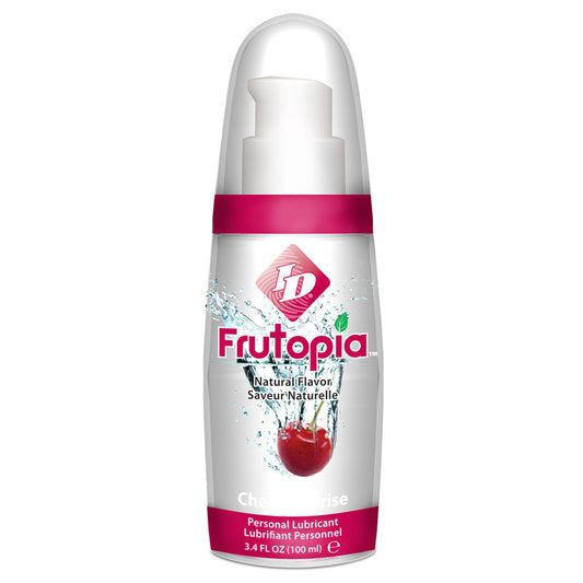 A bottle of id frutopia personal lubricant in a bright cherry flavour.