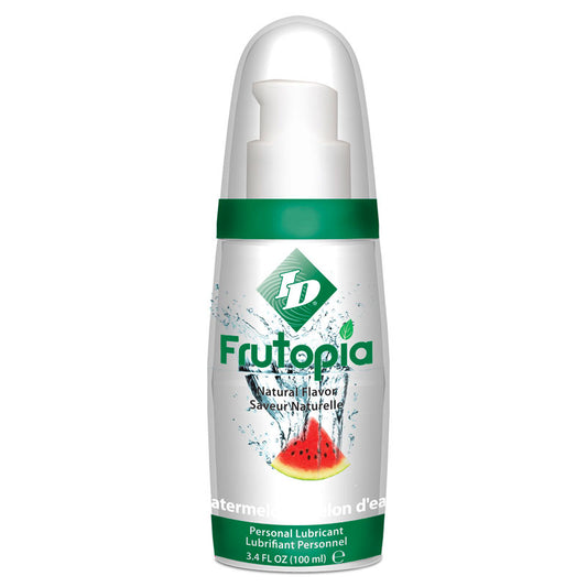 Bottle of ID Frutopia watermelon flavour personal lubricant, a red, water-based gel.