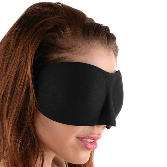 Kink Industries frisky deluxe blackout blindfold, black satin eye mask for total darkness.