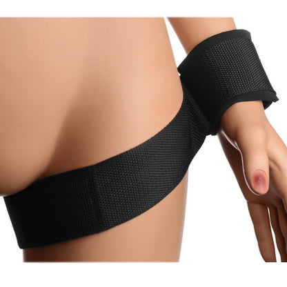 Kink Industries frisky take me thigh cuffs, black restraint with adjustable buckle straps.