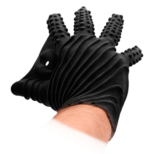Close-up of a textured black masturbation glove, designed for satisfying solo pleasure.