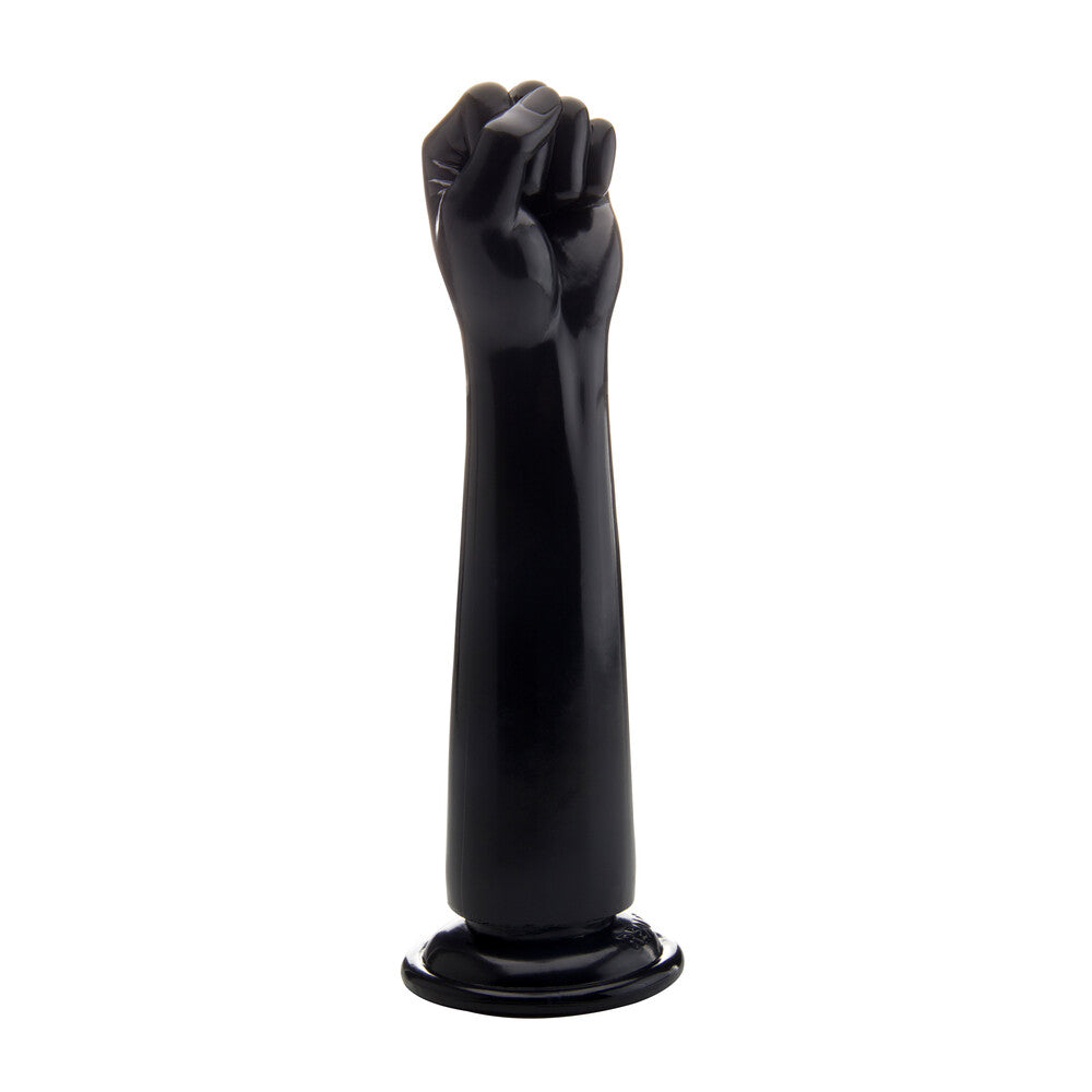 Black, oversized fist dildo from shots toys, textured for enhanced grip and powerful play.