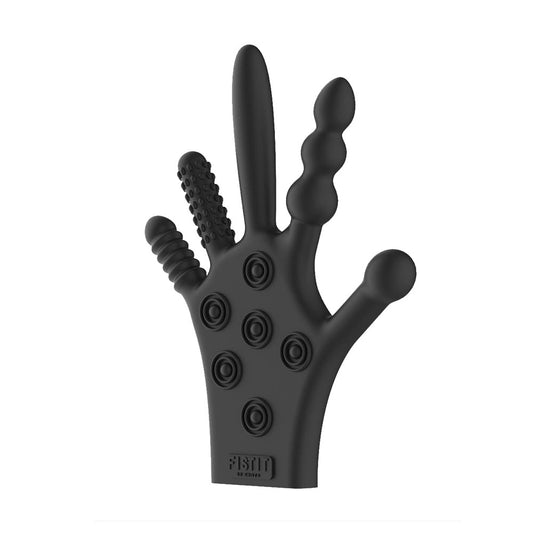 Black silicone stimulation glove from Shots Toys, textured for prostate massage and enhanced pleasure.