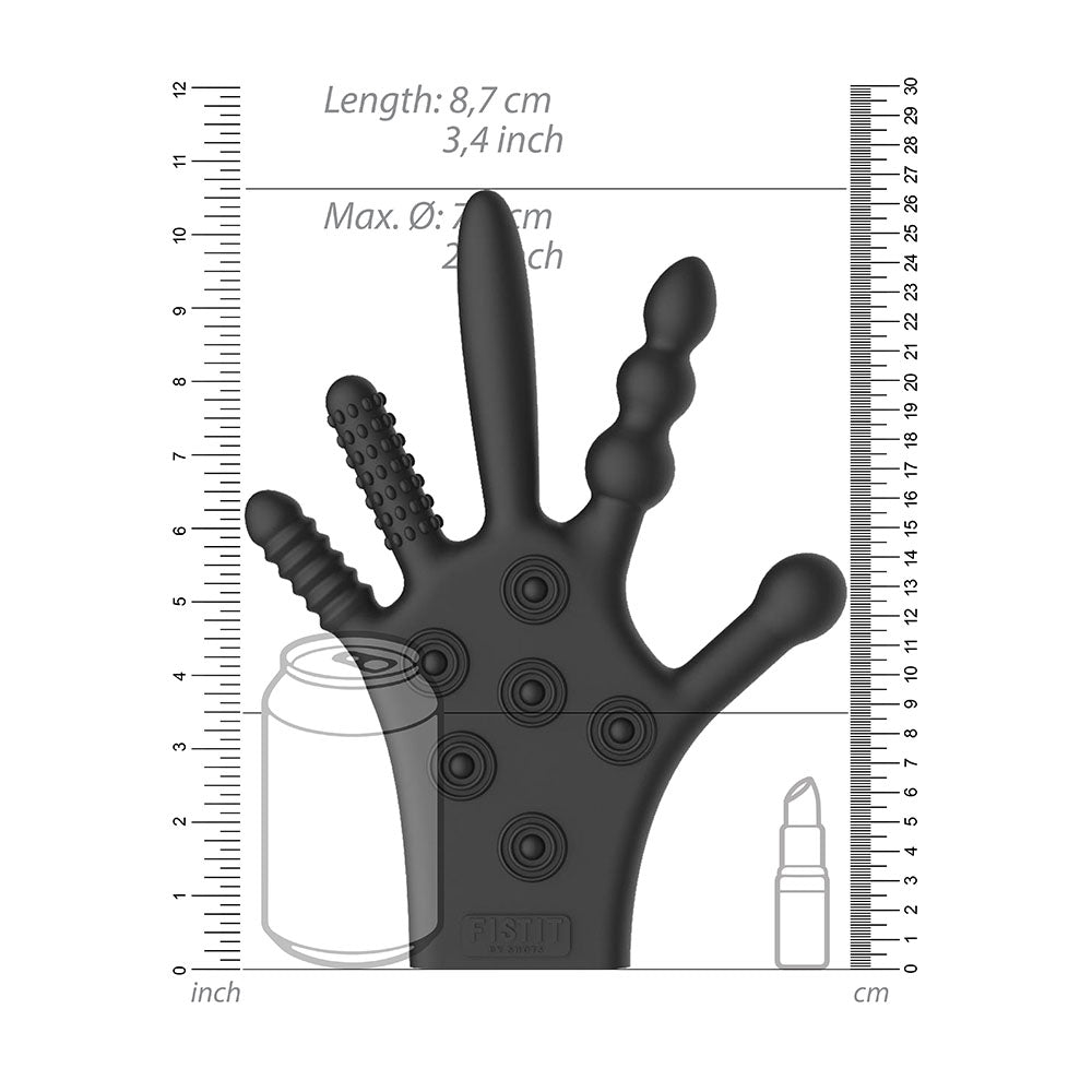 Black silicone stimulation glove for prostate massage, designed by shots toys, close up view.