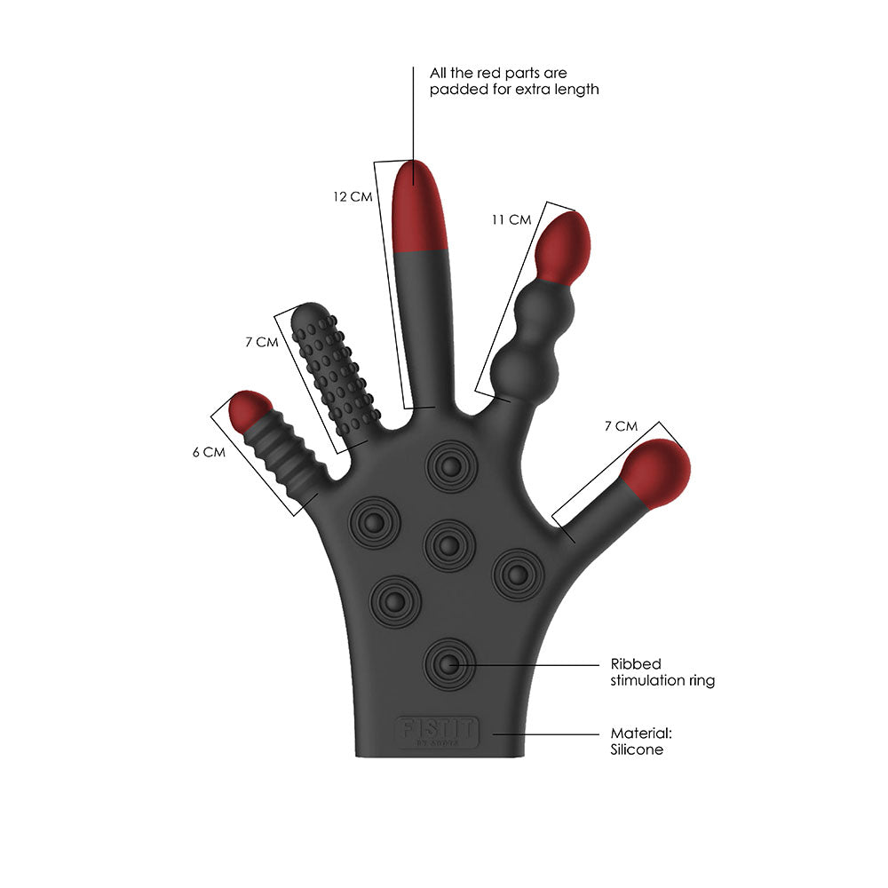 Black silicone glove for prostate stimulation, a textured sex toy by shots toys.