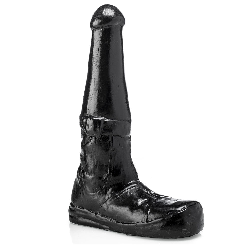 A chunky, black rubber dildo shaped like a military-style army boot, from various toy brands.
