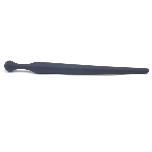 Black silicone urethral plug with a smooth finish for cock and ball bondage play