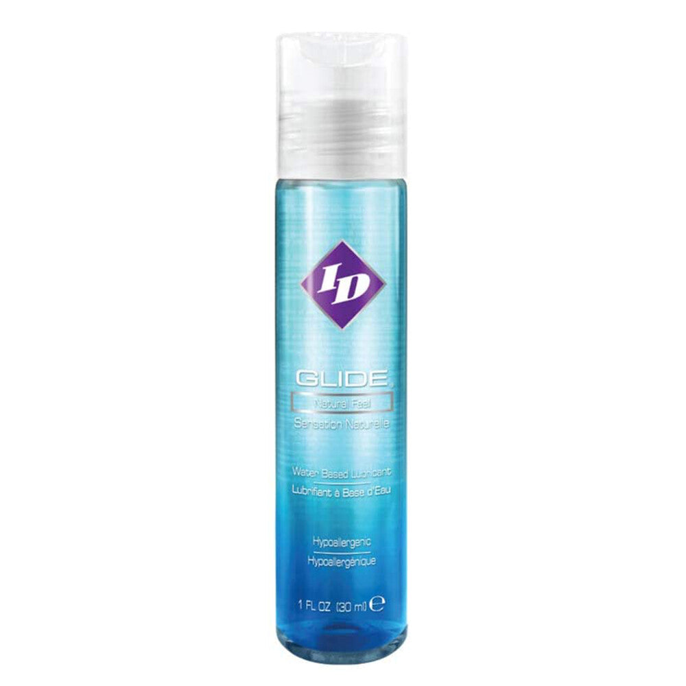 A one-ounce bottle of id glide lubricant, clear and ready for use.