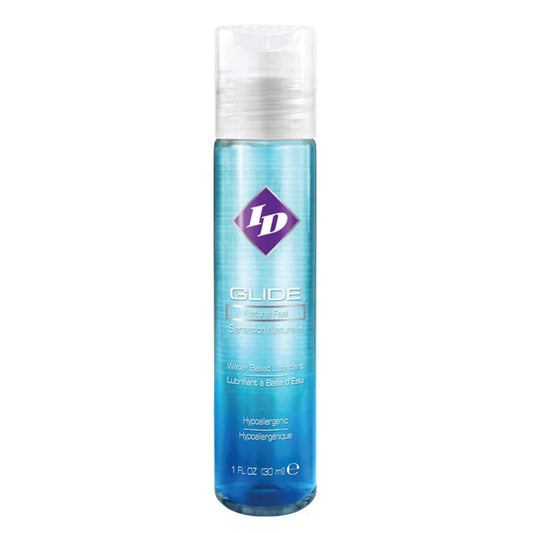 A one-ounce bottle of id glide lubricant, clear and ready for use.