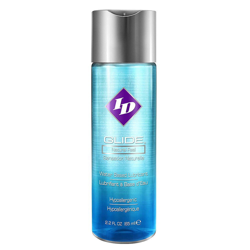 Small bottle of id glide personal lubricant, clear liquid designed for intimate use.