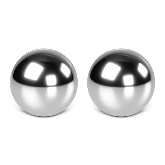 Shiny stainless steel orgasm balls, a pair of metallic silver spheres for pleasure.