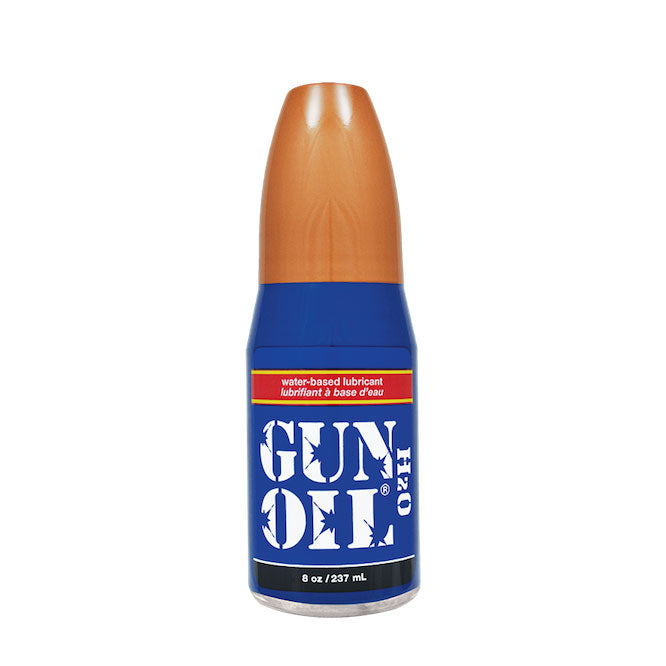 Gun Oil H2O water-based lubricant in a clear bottle, ideal for intimate use.